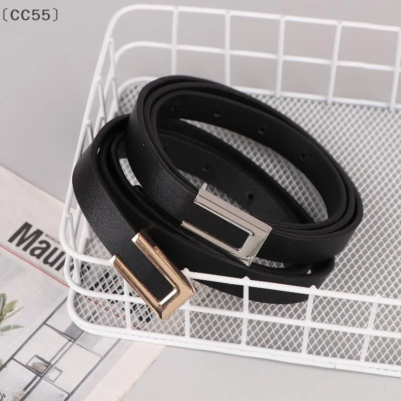 〔CC55〕Women Thin Belt Black Gold Silver Metal Buckle Belt PU Casual
