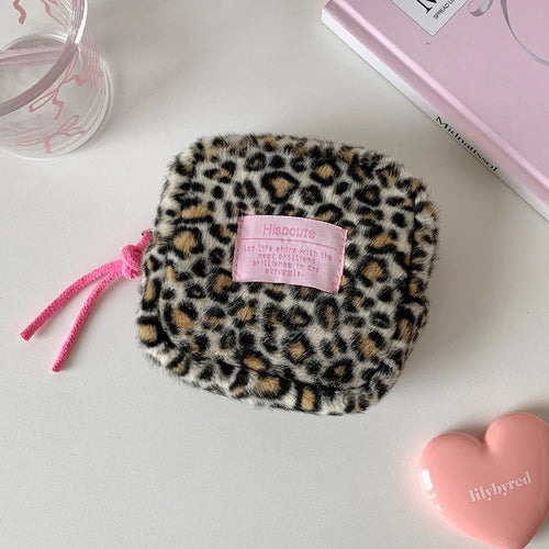 Fashion Trendy Plush Square Leopard Pattern Makeup Bag Winter Cute