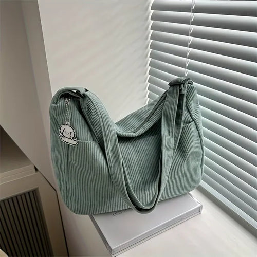 Women’s Corduroy Shoulder Bag, Casual Striped Large Capacity Tote with