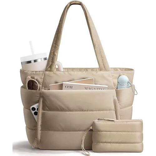 Trendy Quilted Tote Bag for Women Multi Compartment Zip Top Handbag