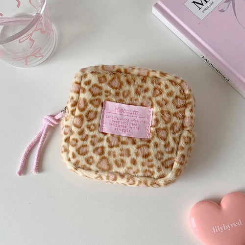 Fashion Trendy Plush Square Leopard Pattern Makeup Bag Winter Cute