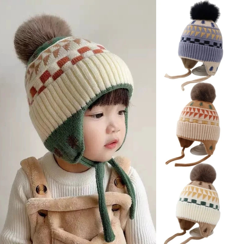 Ear Protection Baby Beanie Caps with Earflaps Soft Warm Pom Pom Winter