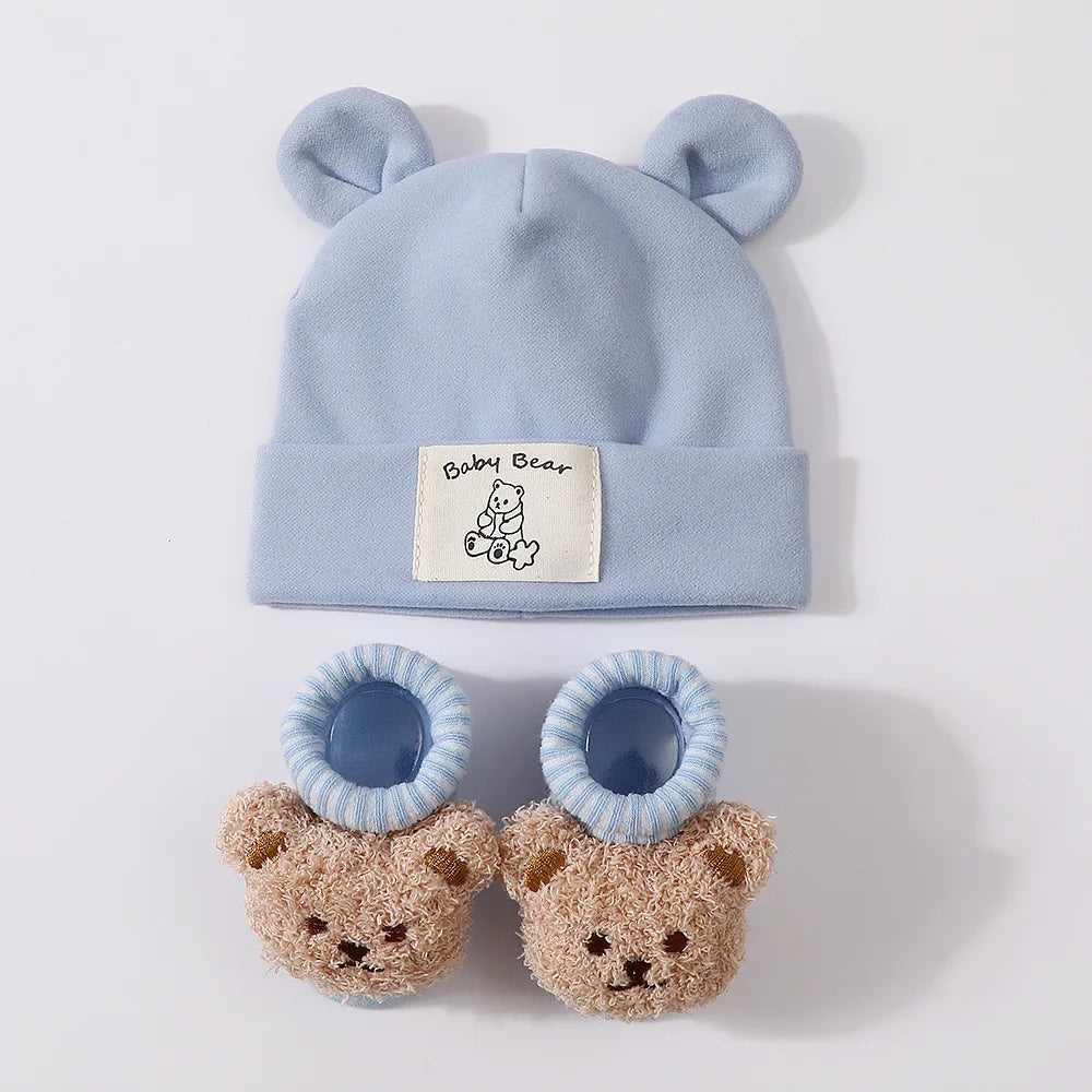 1Set Winter Bear Baby Warm Hats Socks For Newborn Autumn New Soft