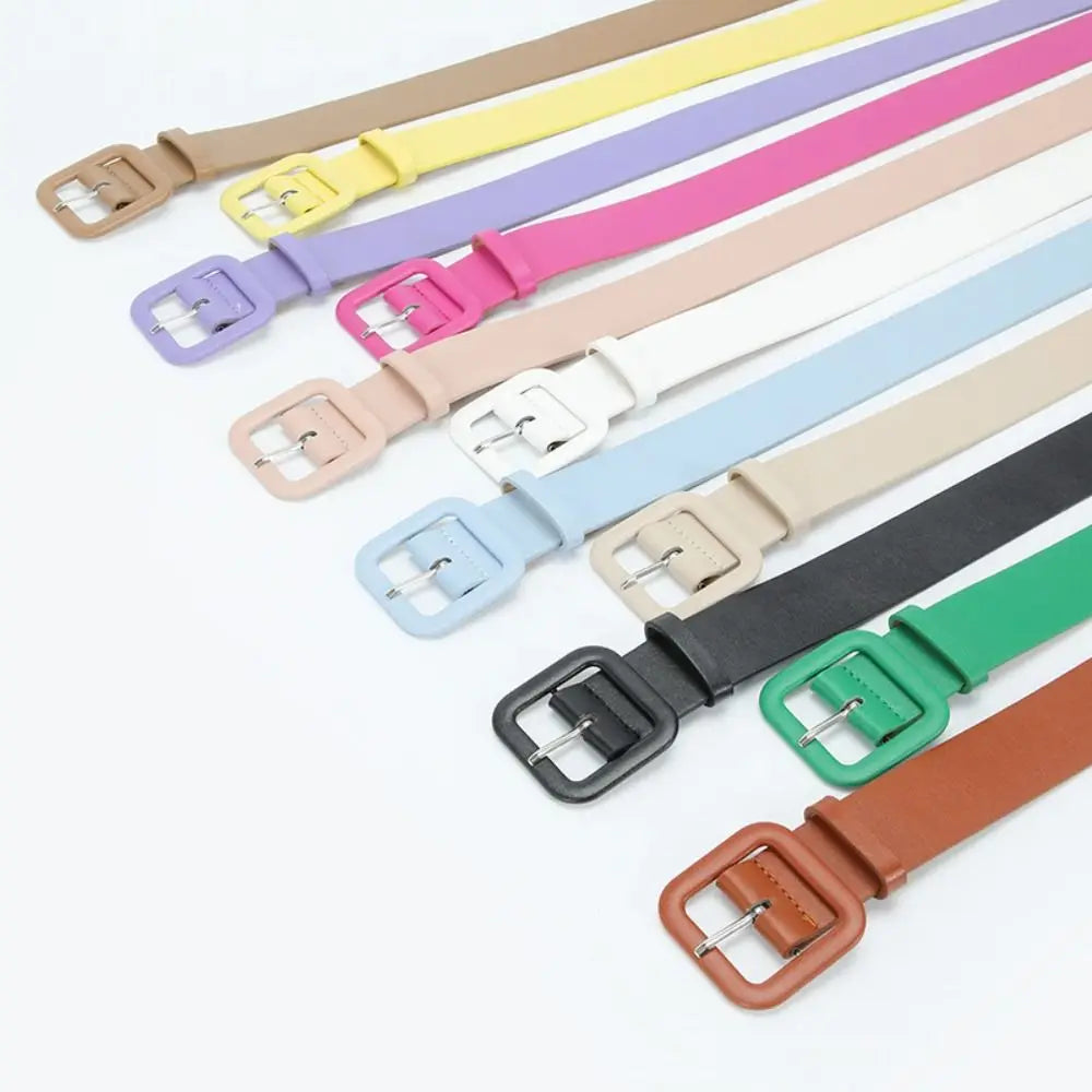 Fashion Women Leather Belt Candy Color Square Buckle Waistband Luxury