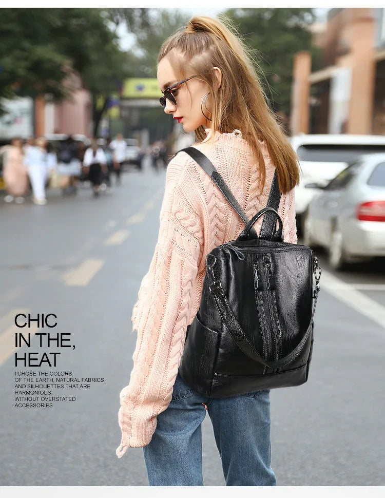 Women's Soft Leather Backpack — Black Casual Multifunctional School Bag