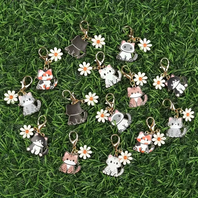 7/14-Piece Cute Cartoon Cat and Daisy Keychain Set, with Inspirational