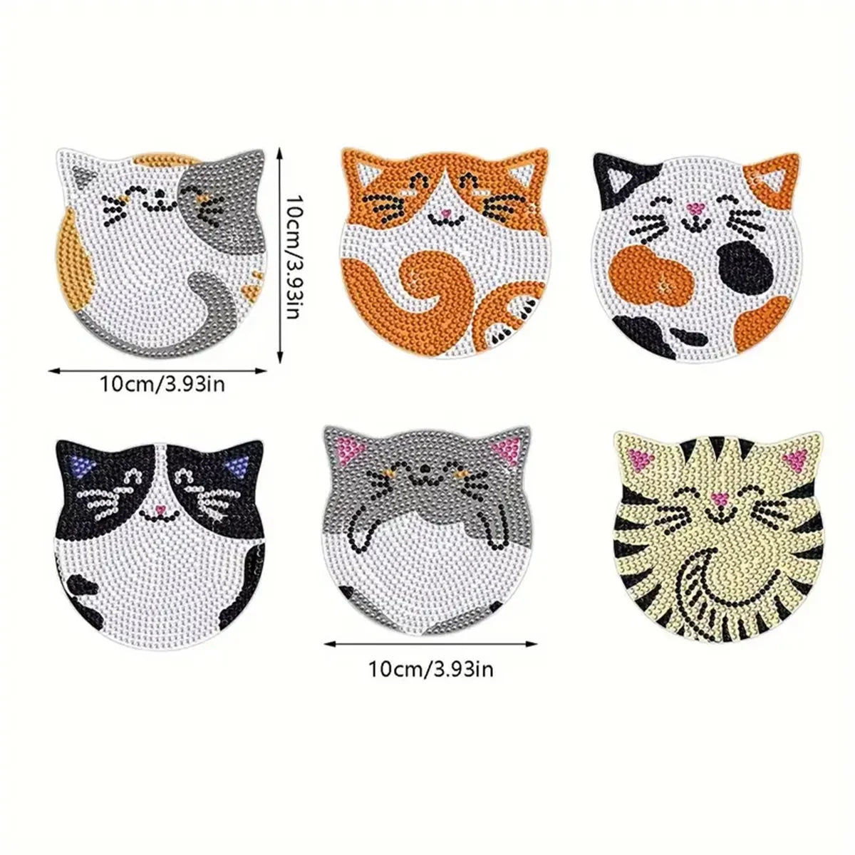 6 Pieces/set DIY Cat Rhinestone Painted Mosaic Drink Coaster, Wooden