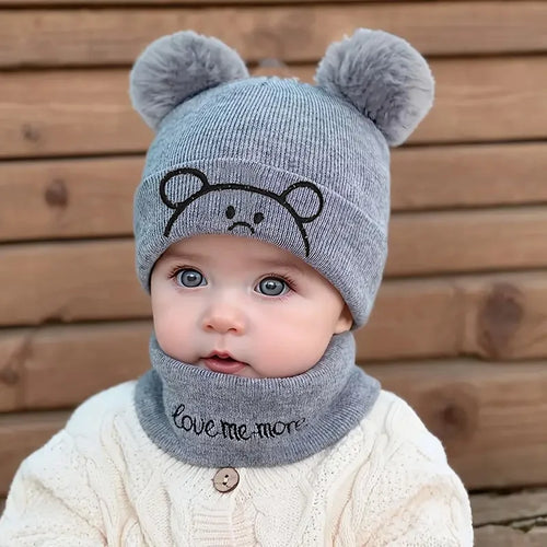 2pcs Winter Baby Hat Scarf Set Toddler Girl Boy Cap Knitted Beanie Fur