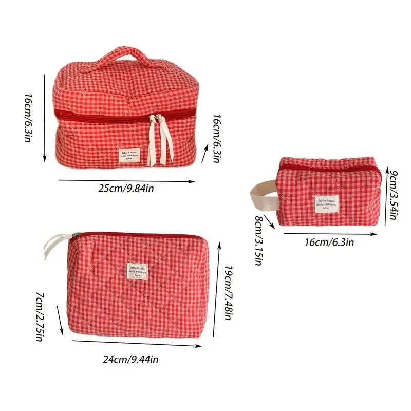 Women Large Capacity Checkered Cosmetic Bag Girls Cotton  Skincare