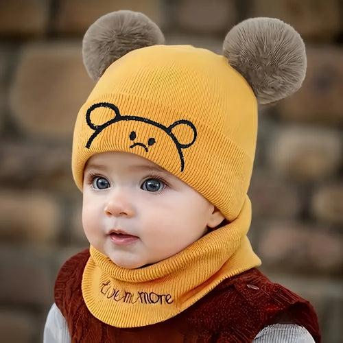 2pcs Winter Baby Hat Scarf Set Toddler Girl Boy Cap Knitted Beanie Fur