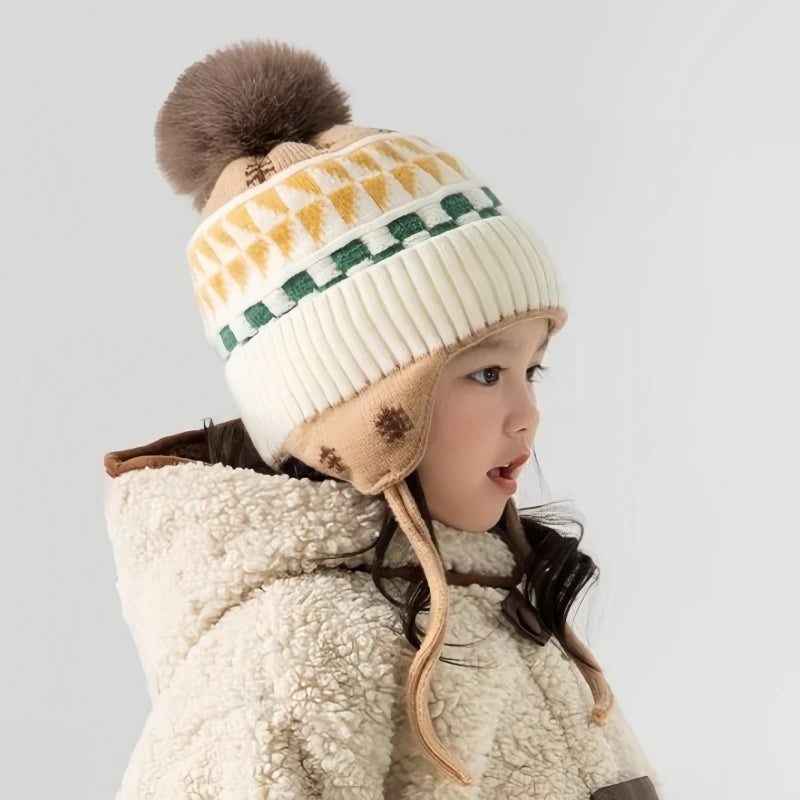 Ear Protection Baby Beanie Caps with Earflaps Soft Warm Pom Pom Winter
