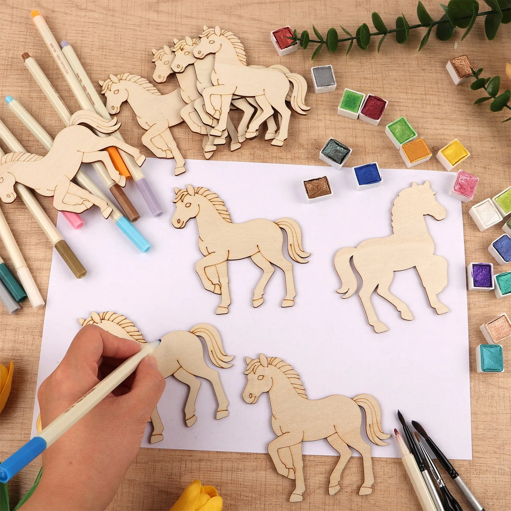 10pcs Unfinished Wood Animal Horse Cutouts,Wooden Craft Set for Wooden