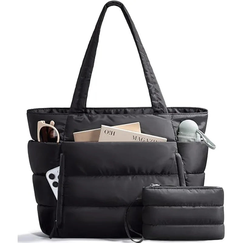Trendy Quilted Tote Bag for Women Multi Compartment Zip Top Handbag
