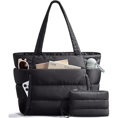 Trendy Quilted Tote Bag for Women Multi Compartment Zip Top Handbag