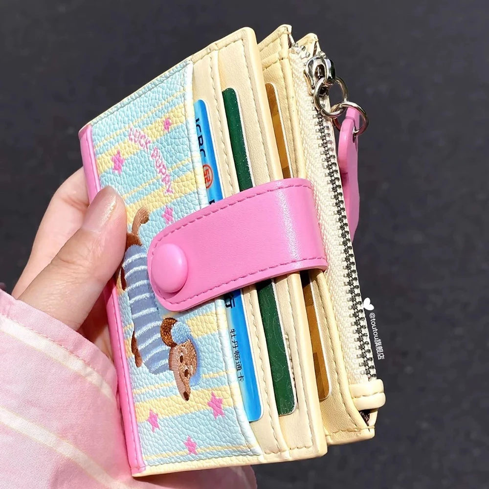 Women Cute Cartoon Embroidery Sausage Dog Wallet Zipper Coin Purse