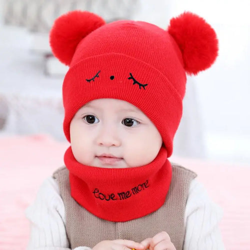 2pcs Winter Baby Hat Scarf Set Toddler Girl Boy Cap Knitted Beanie Fur