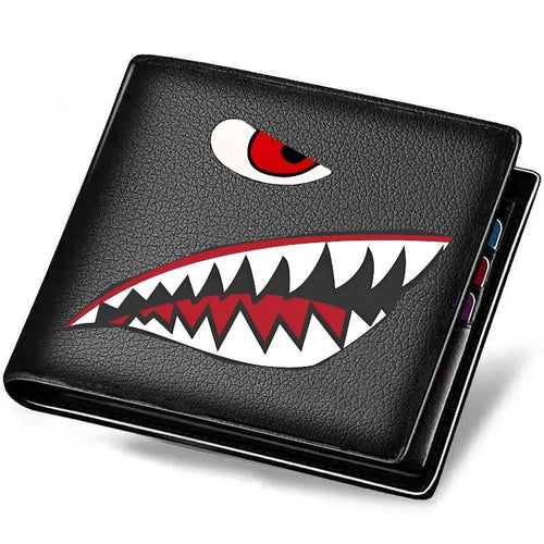 Men's Black Faux Leather Wallet with Shark Mouth Design Slim Credit