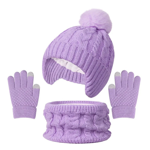 3Pcs Children Knitted Hat Scarf Gloves Set Fleece Lining Warm Kids