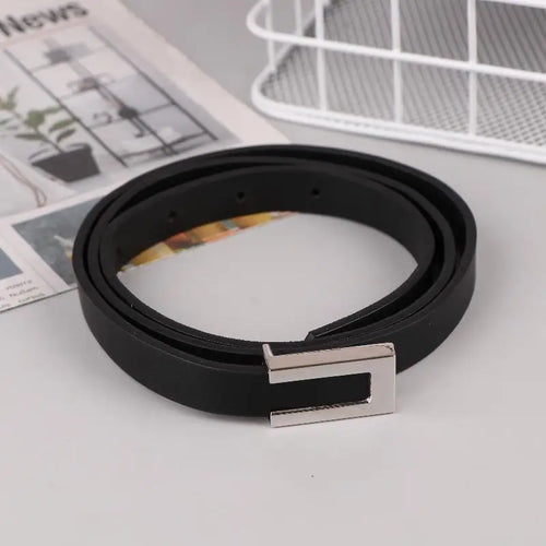 〔CC55〕Women Thin Belt Black Gold Silver Metal Buckle Belt PU Casual