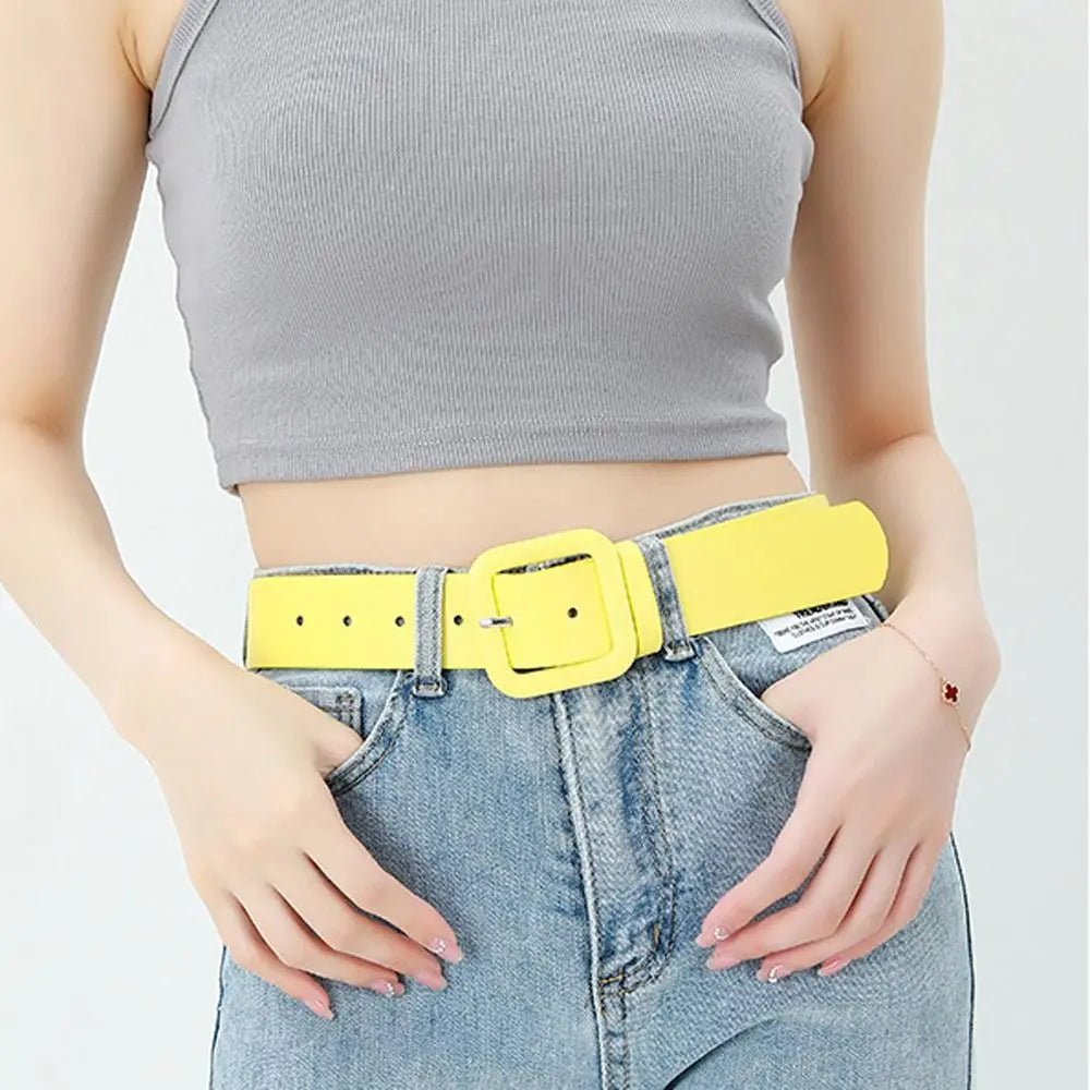 Fashion Women Leather Belt Candy Color Square Buckle Waistband Luxury