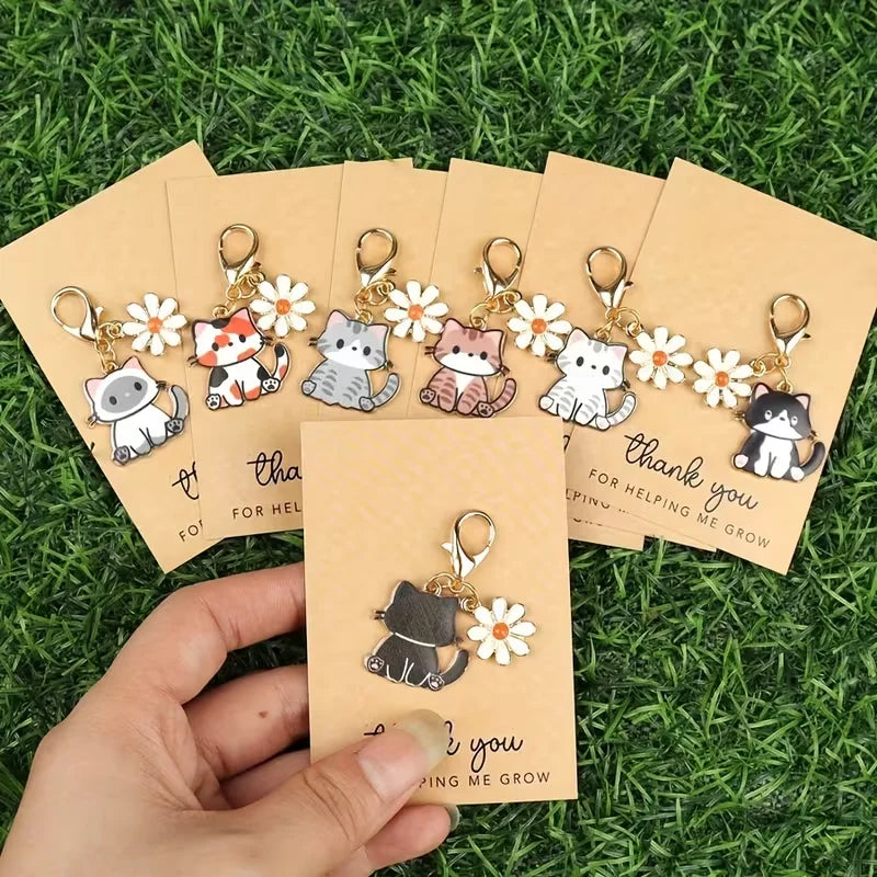 7/14-Piece Cute Cartoon Cat and Daisy Keychain Set, with Inspirational