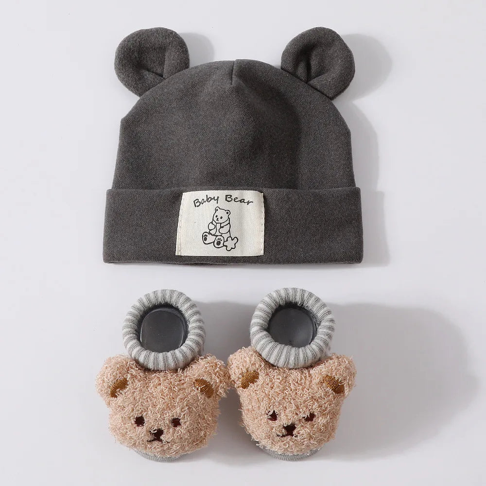 1Set Winter Bear Baby Warm Hats Socks For Newborn Autumn New Soft