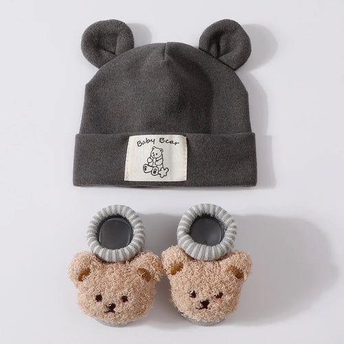1Set Winter Bear Baby Warm Hats Socks For Newborn Autumn New Soft