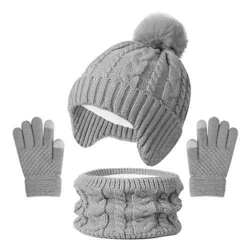 3Pcs Children Knitted Hat Scarf Gloves Set Fleece Lining Warm Kids