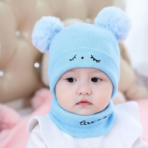 2pcs Winter Baby Hat Scarf Set Toddler Girl Boy Cap Knitted Beanie Fur