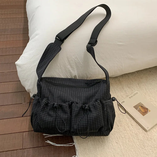 Korean Nylon Shoulder Bag Fashion Simple Plaid Zipper Tote Bag