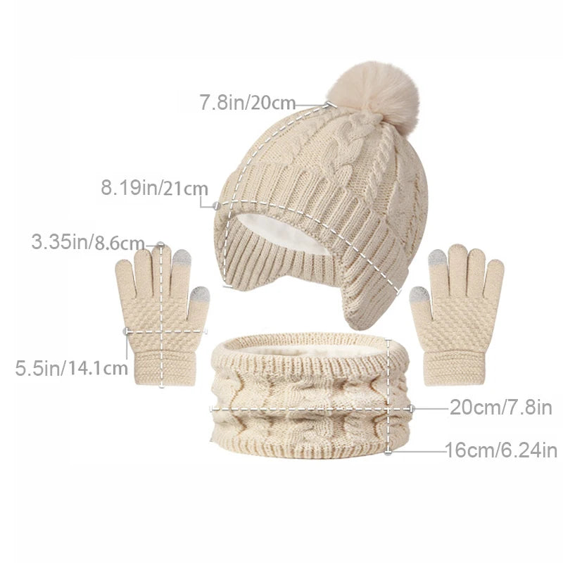 3Pcs Children Knitted Hat Scarf Gloves Set Fleece Lining Warm Kids