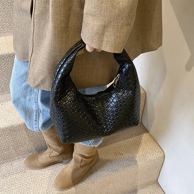 Women Classic Fashion Woven Embossed Hobo Soft PU Leather Small