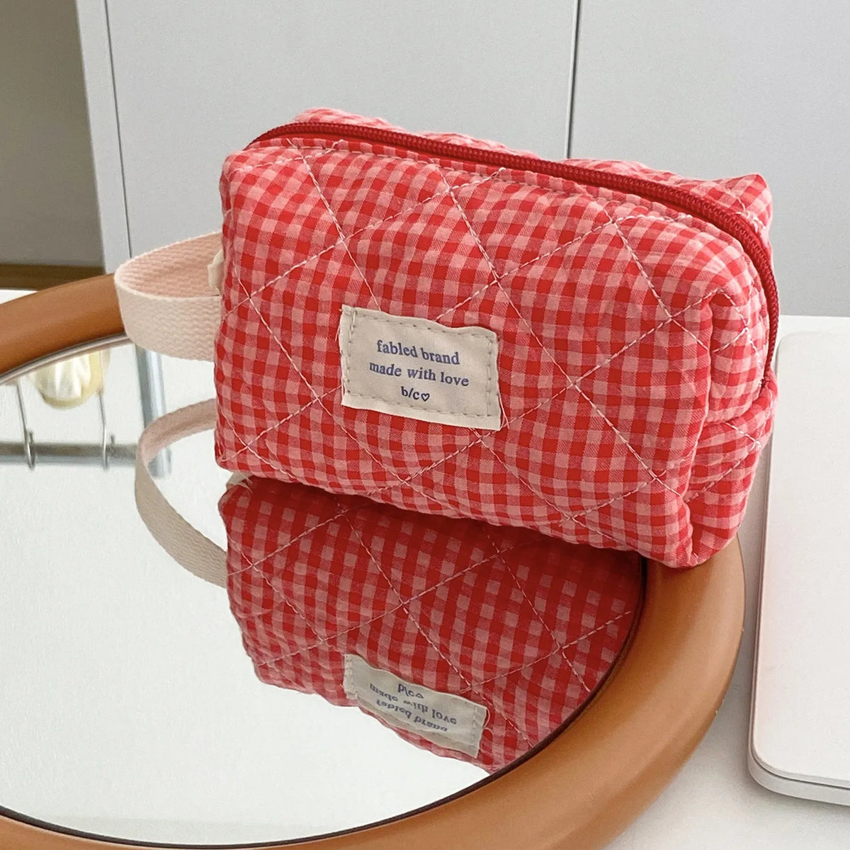 Women Large Capacity Checkered Cosmetic Bag Girls Cotton  Skincare