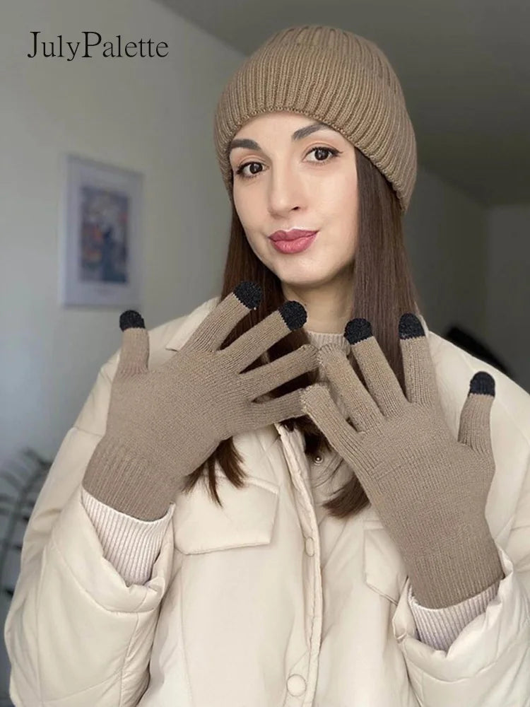JulyPalette Solid Simple 3Pcs Knitted Set Winter Warm Beanie Hat Long