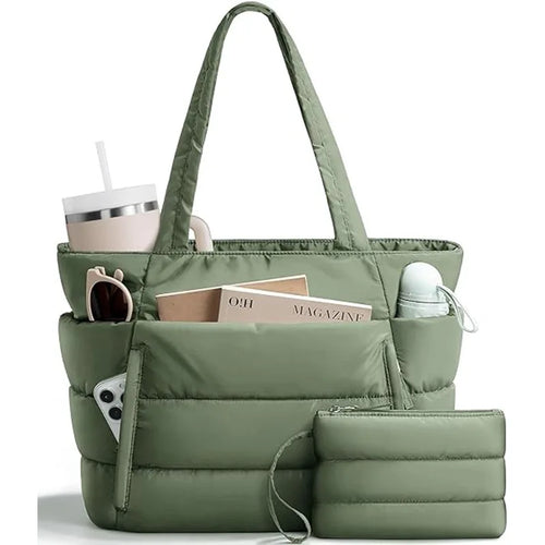 Trendy Quilted Tote Bag for Women Multi Compartment Zip Top Handbag