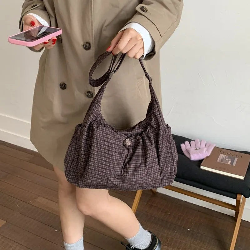 Korean Nylon Shoulder Bag Fashion Simple Plaid Zipper Tote Bag