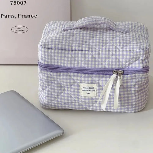 Women Large Capacity Checkered Cosmetic Bag Girls Cotton  Skincare