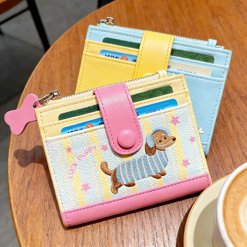 Women Cute Cartoon Embroidery Sausage Dog Wallet Zipper Coin Purse