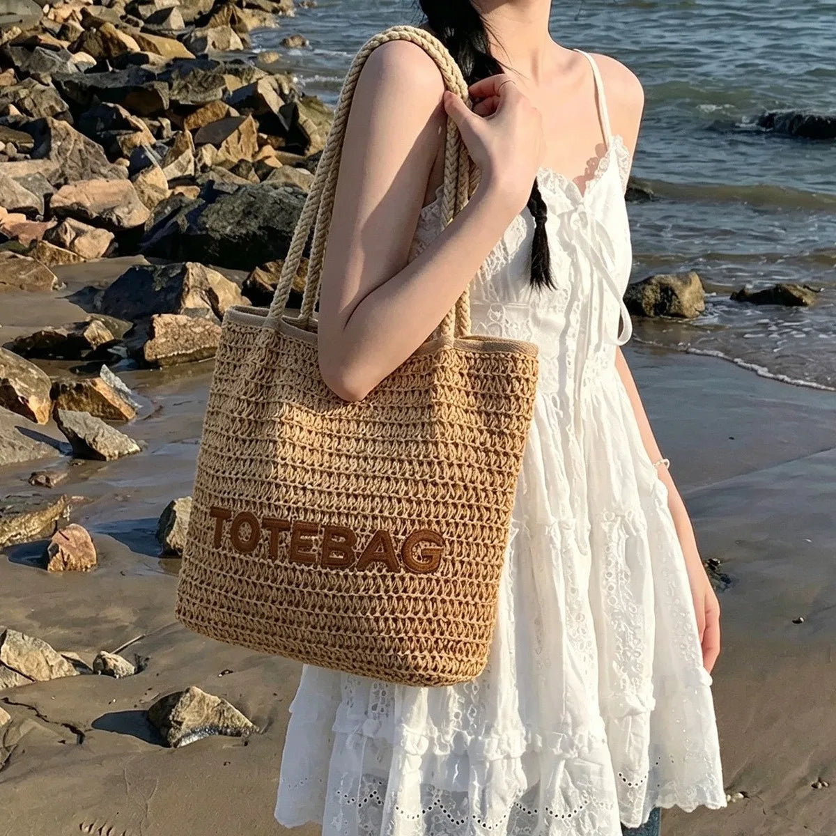 French style large capacity woven straw woven bag for women, new beach