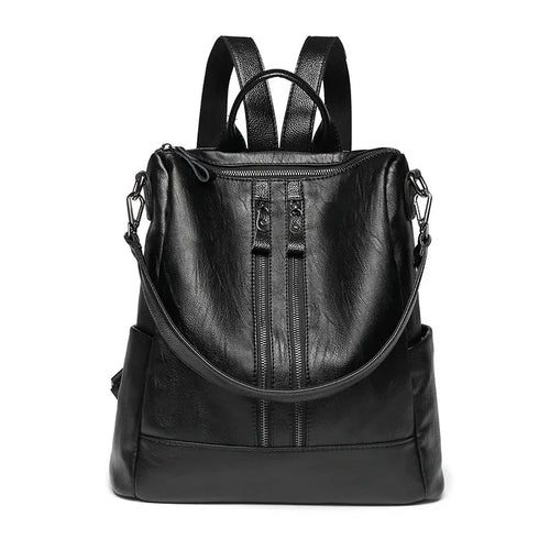 Women's Soft Leather Backpack — Black Casual Multifunctional School Bag