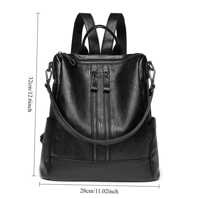 Women's Soft Leather Backpack — Black Casual Multifunctional School Bag