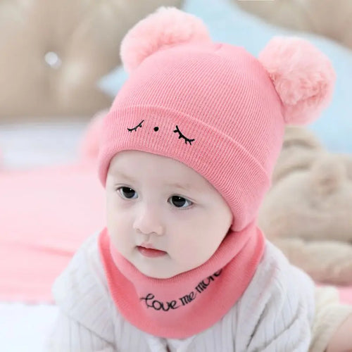 2pcs Winter Baby Hat Scarf Set Toddler Girl Boy Cap Knitted Beanie Fur