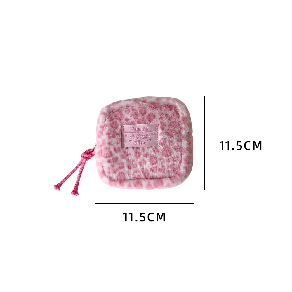 Fashion Trendy Plush Square Leopard Pattern Makeup Bag Winter Cute