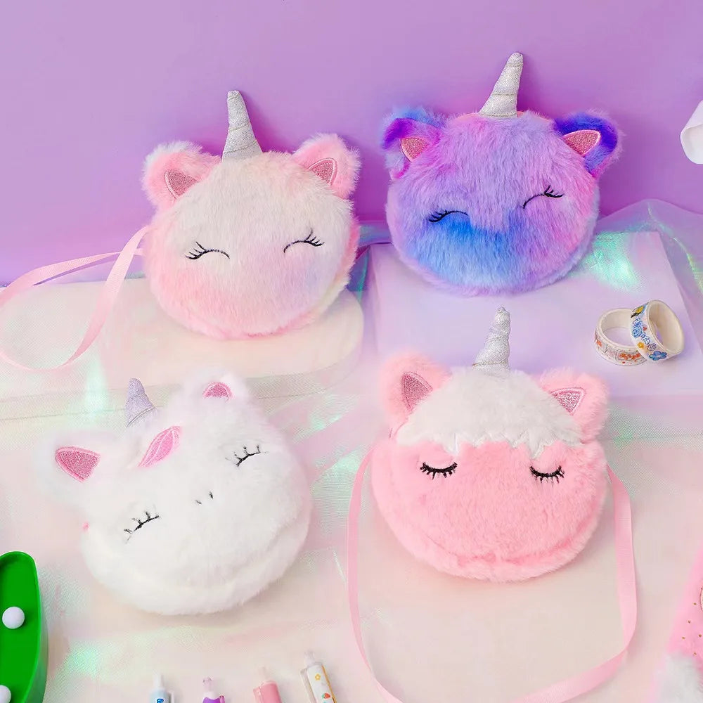 Kids Fashion Plush Shoulder Bag Cute Cartoon Unicorn Wallet Girls