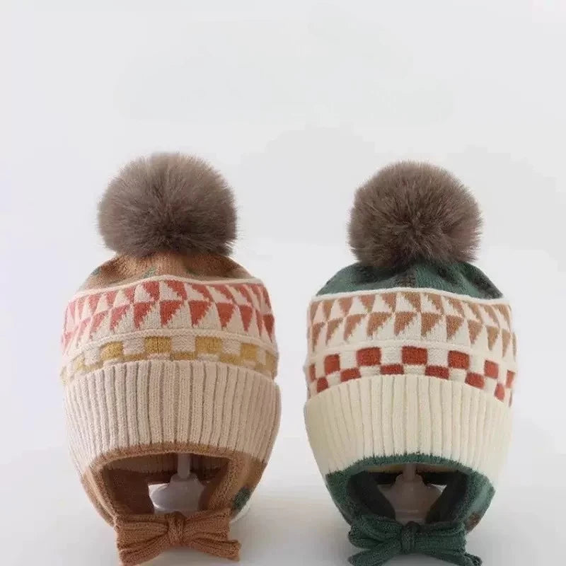 Ear Protection Baby Beanie Caps with Earflaps Soft Warm Pom Pom Winter