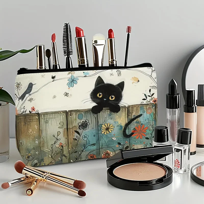 Black Cat Floral Zipper Pouch - Durable, Fade-Resistant Cosmetic Bag,