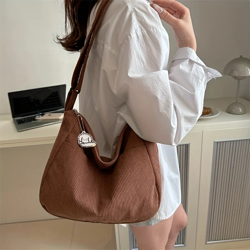 Women’s Corduroy Shoulder Bag, Casual Striped Large Capacity Tote with