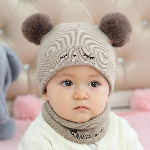 2pcs Winter Baby Hat Scarf Set Toddler Girl Boy Cap Knitted Beanie Fur
