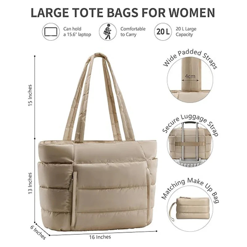 Trendy Quilted Tote Bag for Women Multi Compartment Zip Top Handbag