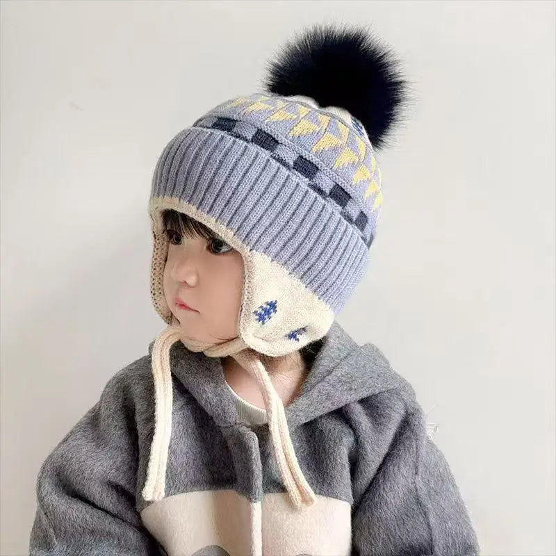 Ear Protection Baby Beanie Caps with Earflaps Soft Warm Pom Pom Winter
